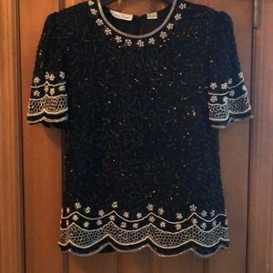 Black silk beaded and sequined tunic top short sleeve, S